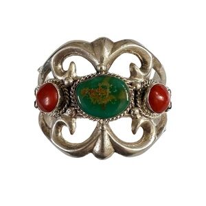 Heavy sterling silver Turquoise and coral cuff bracelet